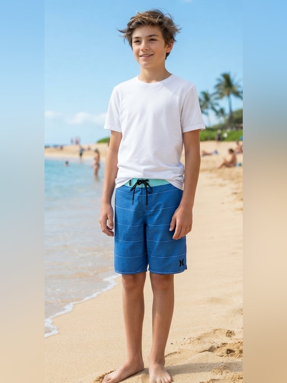 Hurley Shorline Boys Boardshorts Sz 14 Neptune Blue Drawstring Striped Beach